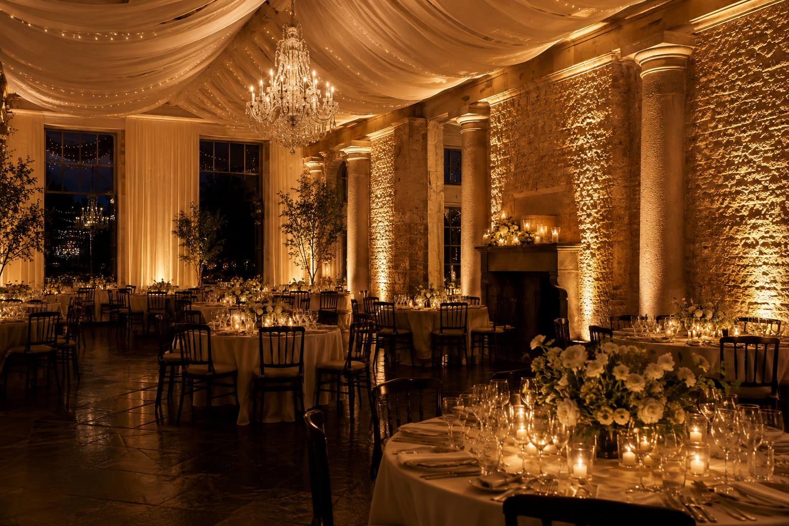Salle de mariage mise en valeur par des uplighters dorés